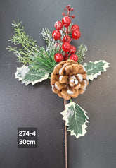 Crenguță artificială de Crăciun cu con mare și fructe roșii – 30cm 10/set